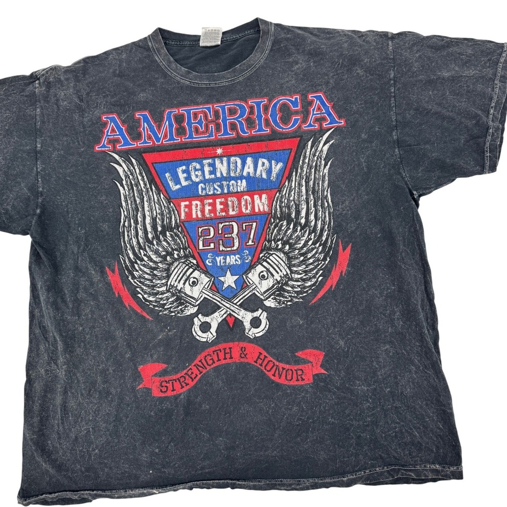 Patriotic Biker Graphic Tee‎ Mens 2XL Black Acid Wash Americana Flag Strength